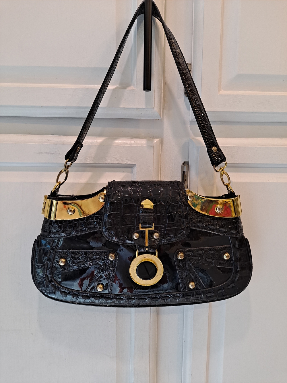 Accessory Bug Black Patent & Croc-Embossed Shoulder Bag w/Gold Metal Accents 90s